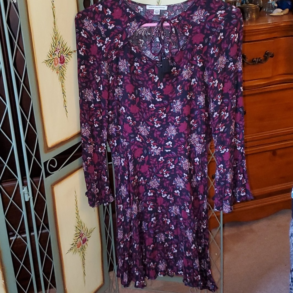 American Eagle Outfitters Burgundy Floral Long Sleeve Dress